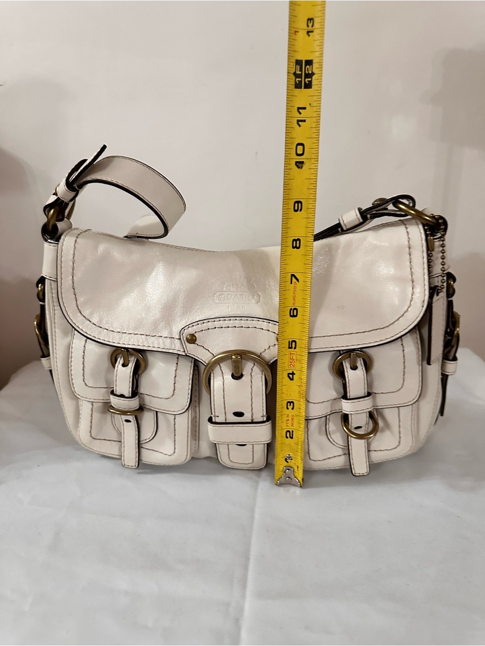 Coach Cream Leather Shoulder Bag with Buckle Pockets - Picture 7 of 9